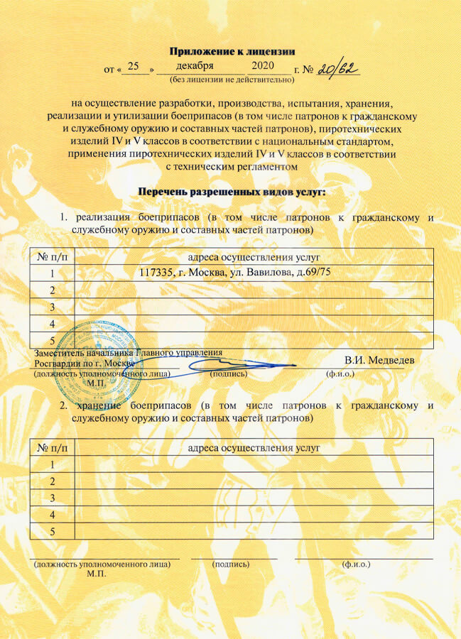 Приложение к лицензии на патроны