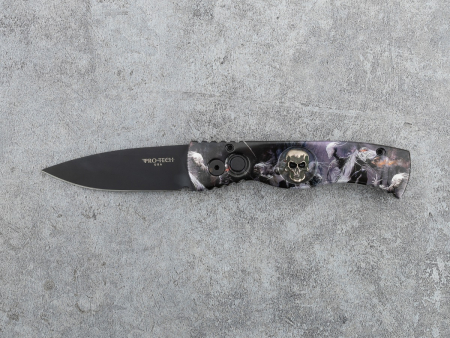Автоматический складной нож Pro-Tech TR-2 Four Horsemen, рукоять Custom skull inlay, сталь 154CM DLC black (80 мм)
