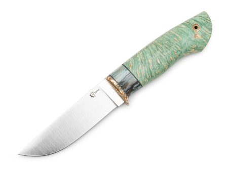 Нож Мастерской Ю.М. Сёмина, модель Егерь, рукоять стабил-ый кап клёна (зелёный) / зуб мамонта / макумэ ганэ, сталь S390 (110мм)