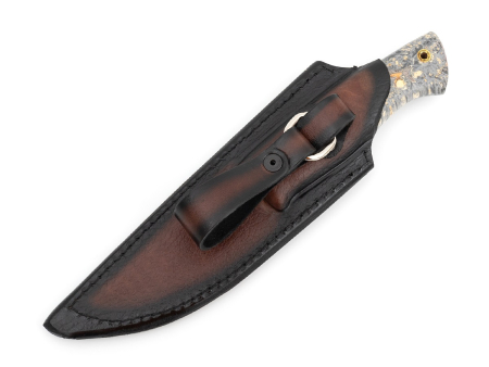 Нож Мастерской Ю.М. Сёмина, модель Сокол, рукоять стабил-ый кап клёна (жёлтый) / зуб мамонта / мельхиор, сталь М390 (120мм)