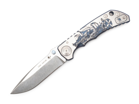 Складной нож Spartan Blades Harsey Viking Long Boat, рукоять Titanium Blue Anodized, клинок CPM S45VN StoneWash (100 мм