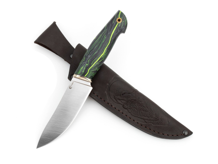 Нож Мастерской Ю.М. Сёмина, модель Кайман, рукоять Микарта (серо-зелёная) / мельхиор, сталь М398 (120мм)