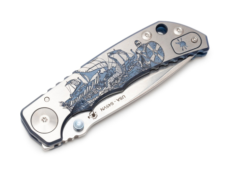 Складной нож Spartan Blades Harsey Viking Long Boat, рукоять Titanium Blue Anodized, клинок CPM S45VN StoneWash (100 мм