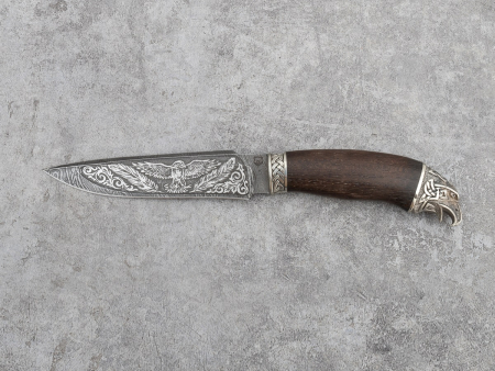 Нож Ворон Кузница Медведь (дамаск, венге, литьё мельхиор 2, художественное оформление)
