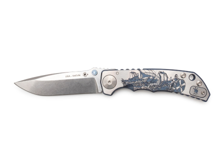 Складной нож Spartan Blades Harsey Viking Long Boat, рукоять Titanium Blue Anodized, клинок CPM S45VN StoneWash (100 мм