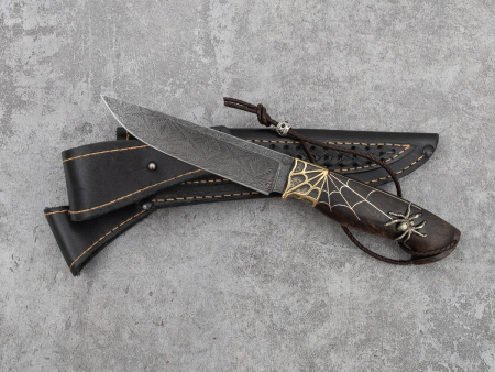 Авторский нож Барс Кузница Медведь (мозаичный дамаск, стабилизированная карельская береза, резная рукоять, инкрустация)