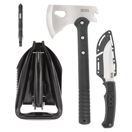 Набор для туриста SOG Ultimate Camping Kit рукоять термопластик, сталь 7Cr17MoV Satin (10,2 см), топорик, складная лопата и кремень