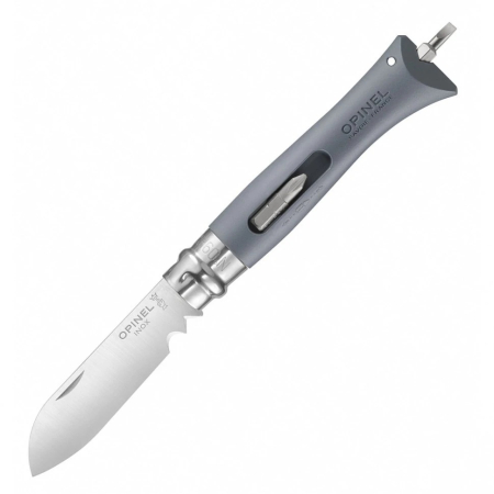 Складной нож электрика Opinel №09, пластиковая серая рукоять с битодержателем, cталь inox Sandvik 12С27 (85 мм)