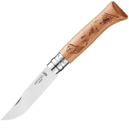Нож Opinel №8 Alpine adventures, нержавеющая сталь, рукоять дуб, гравировка горный велосипед, 002187